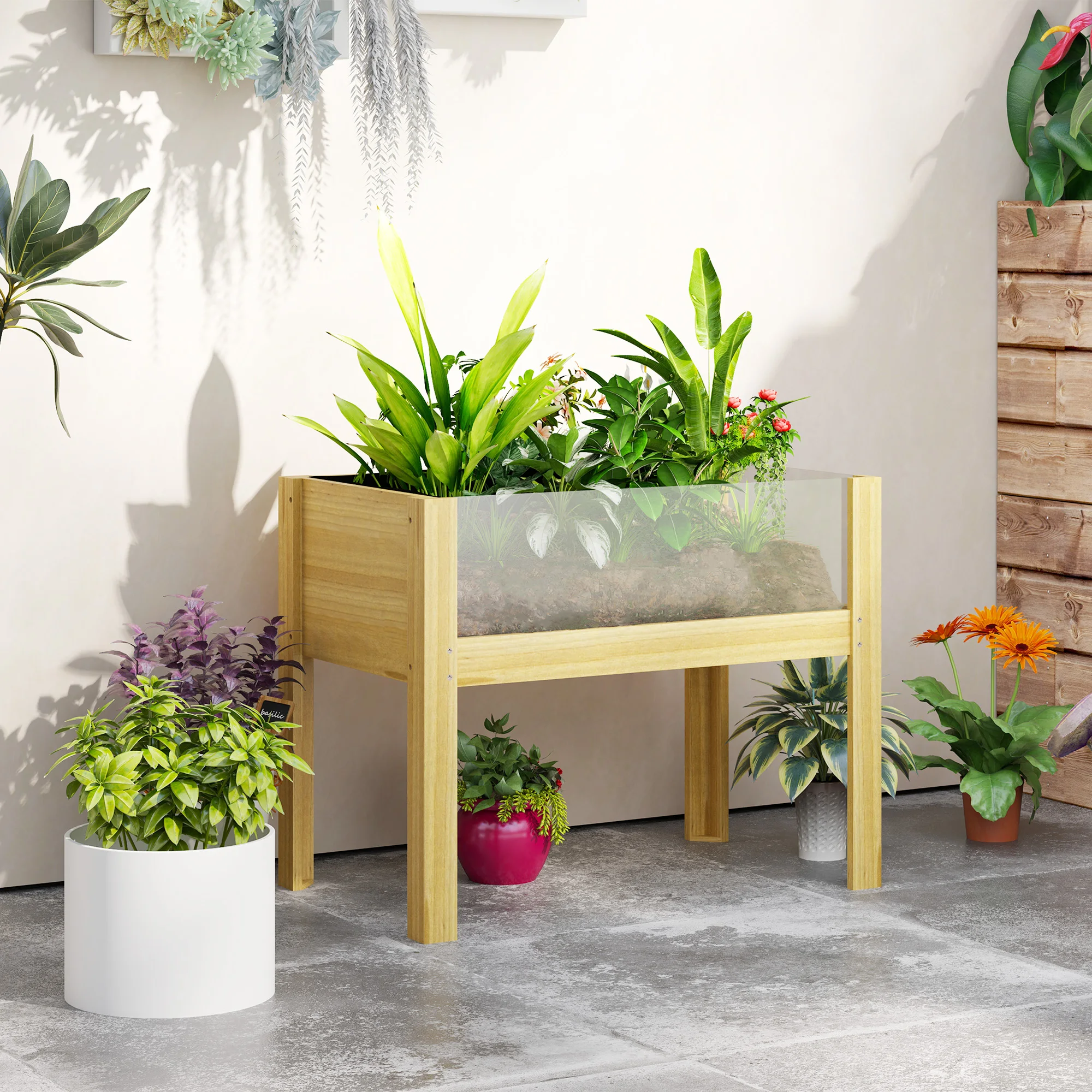 Outsunny Huerto Urbano de Madera Mesa de Cultivo con Paneles Acrílicos Jardinera Elevada para Cultivo Flores Vegetales en Jardín Terraza 75x46x60,5 cm Natural