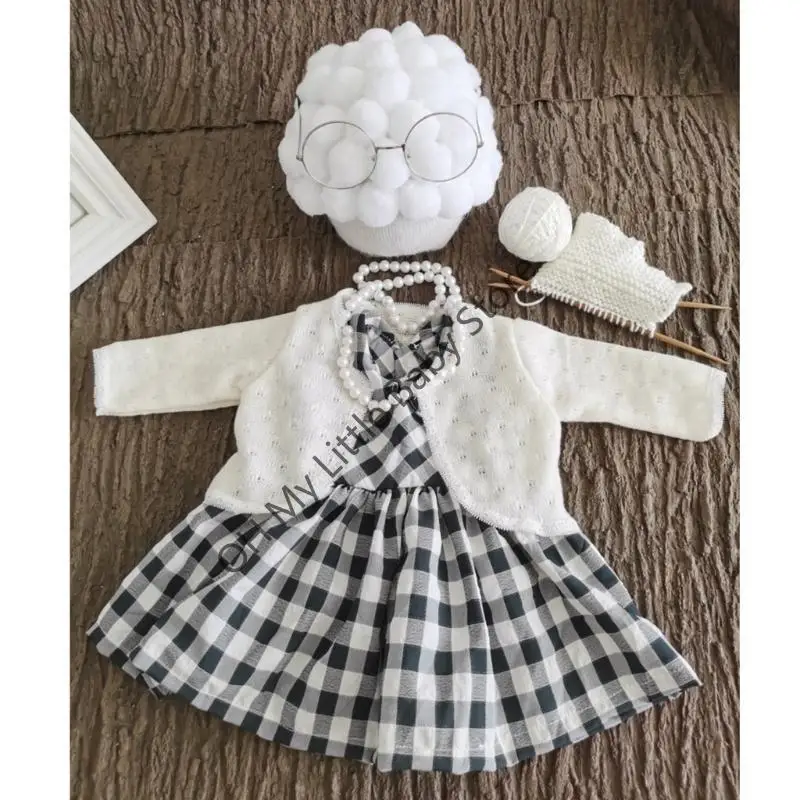 M76C 3-5 meses bebé sesión fotos ropa traje falso perla collar vestido suéter conjunto herramientas ganchillo
