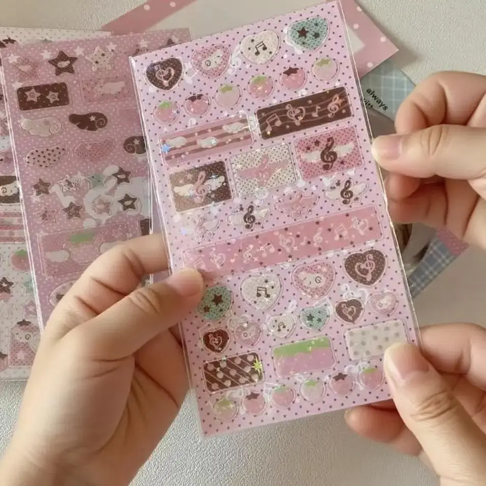 Pegatina de tarjeta de película Flash de estrella de fresa, nota musical rosa y marrón, pegatina decorativa coreana para funda de teléfono móvil - imagen 2