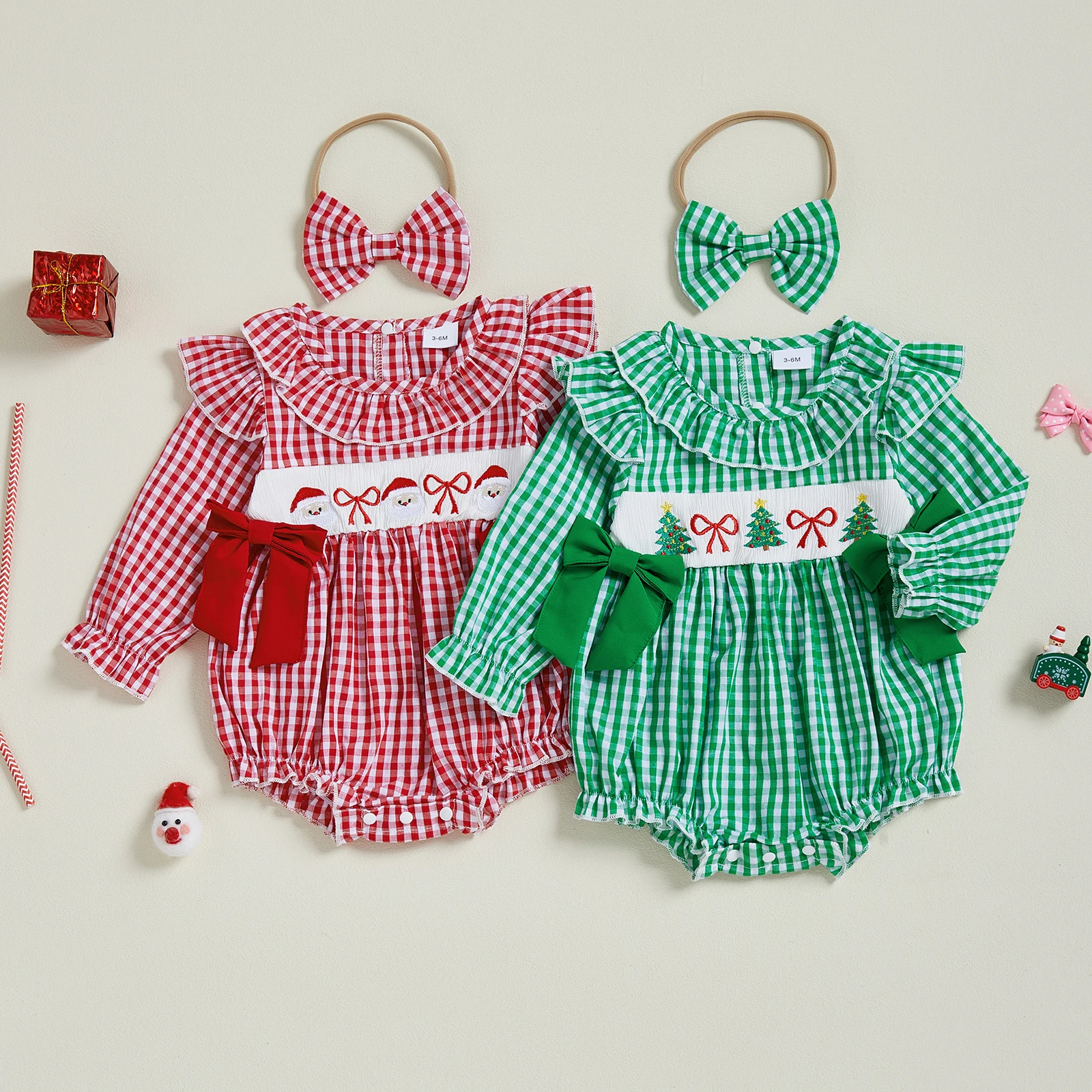Traje de Navidad para niña de 0 a 18 meses, estampado a cuadros, bordado de Papá Noel, volantes, cuello redondo, manga larga, mameluco, diadema con lazo, 2 uds. - imagen 2