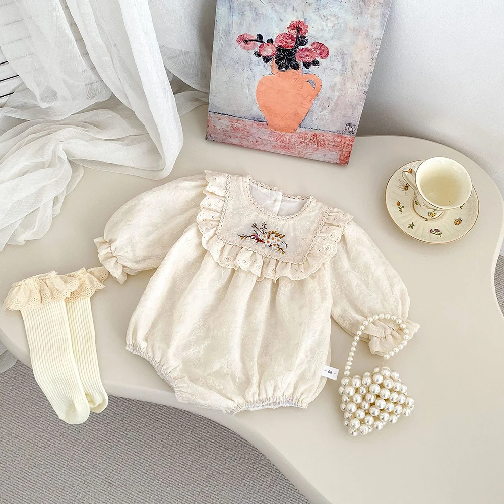 2025 primavera nueva ropa para niñas, mono elegante con bordado de flores para niños pequeños y una pieza