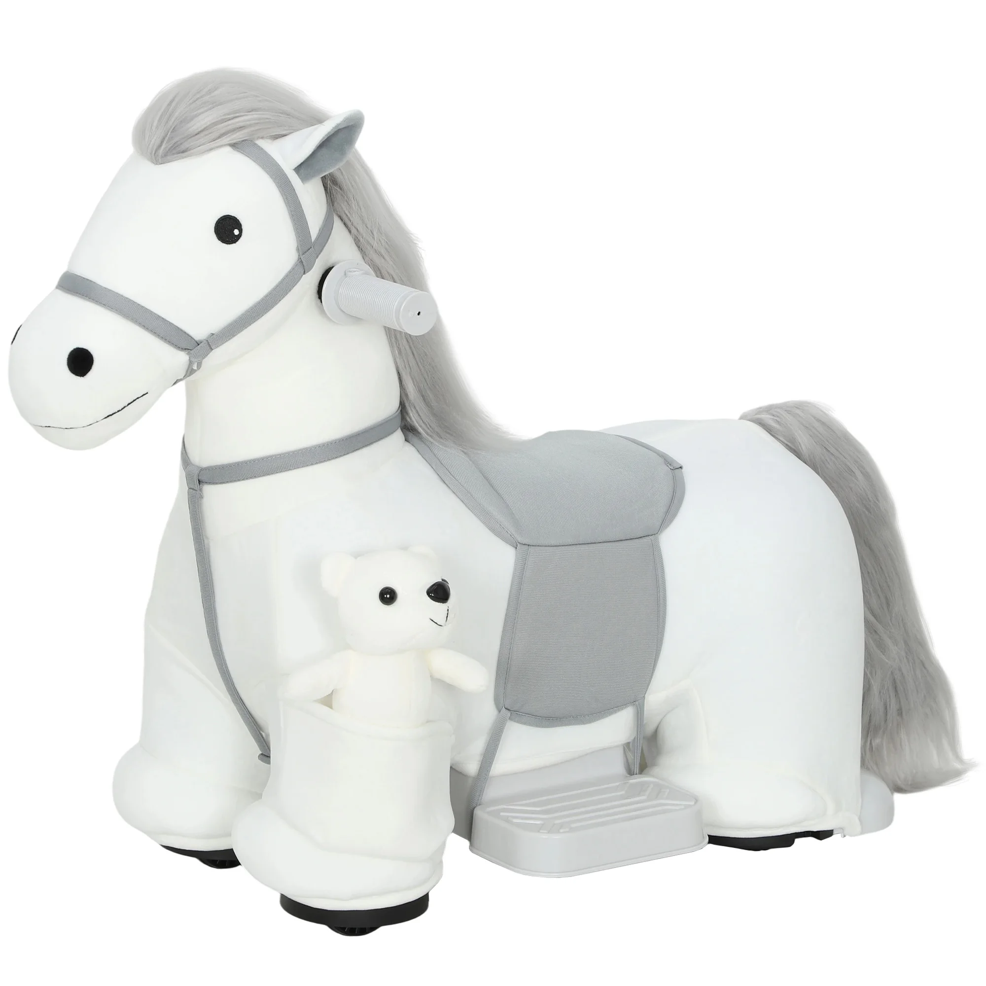 AIYAPLAY Caballito Eléctrico con Música, Batería 6V, Caballo de Juguete Eléctrico, Tacto Suave, Ruedas Silenciosas de PU, Marcha Adelante, Regalo para Niños y Niñas de 1,5 a 5 Años, Blanco