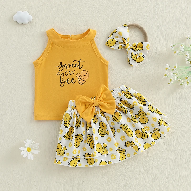 Conjuntos de verano para niña de 0 a 18 meses, camisetas sin mangas con estampado de abeja/mariquita, faldas con cintura elástica, conjunto de ropa de 2 uds. - imagen 2