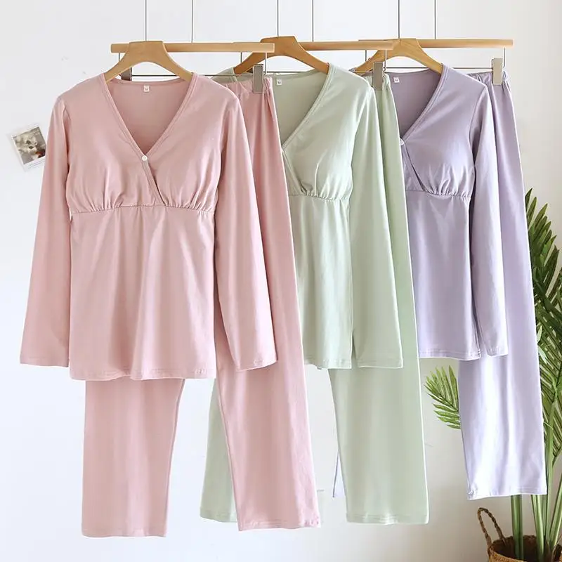 Pijamas de maternidad abiertos para lactancia cruzada, pantalones ajustables, ropa de casa para mujeres embarazadas, conjunto de dos piezas - imagen 2