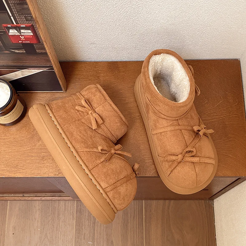 Botas de nieve de calle para Mujer, pajarita Vintage, zapatos cálidos y esponjosos de invierno, botines cortos de felpa suave con suela gruesa para Mujer - imagen 4