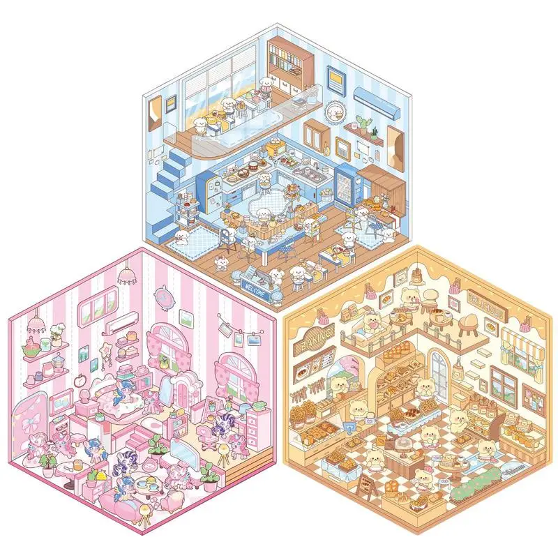 Pegatinas 3D para casa, pegatinas de escena de la serie Pony Bear, suministros para diario, colección de pegatinas, pegatinas de escena de cabina en miniatura - imagen 2