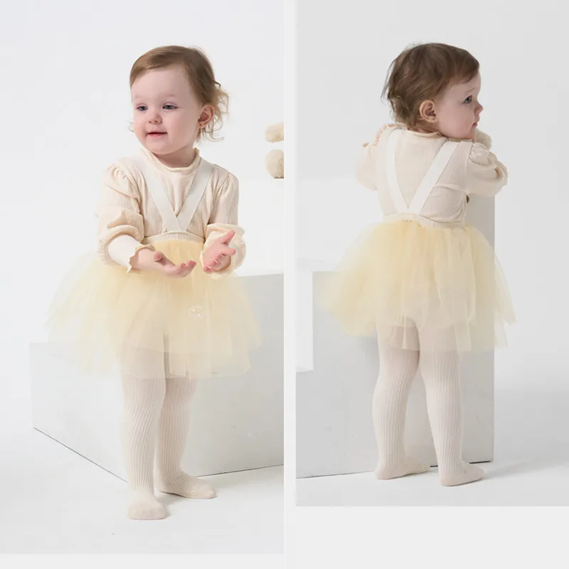 Medias de algodón peinado suave para niñas pequeñas, pantimedias de punto elásticas de Color sólido con falda tutú para niñas pequeñas de 1-2 años - imagen 2