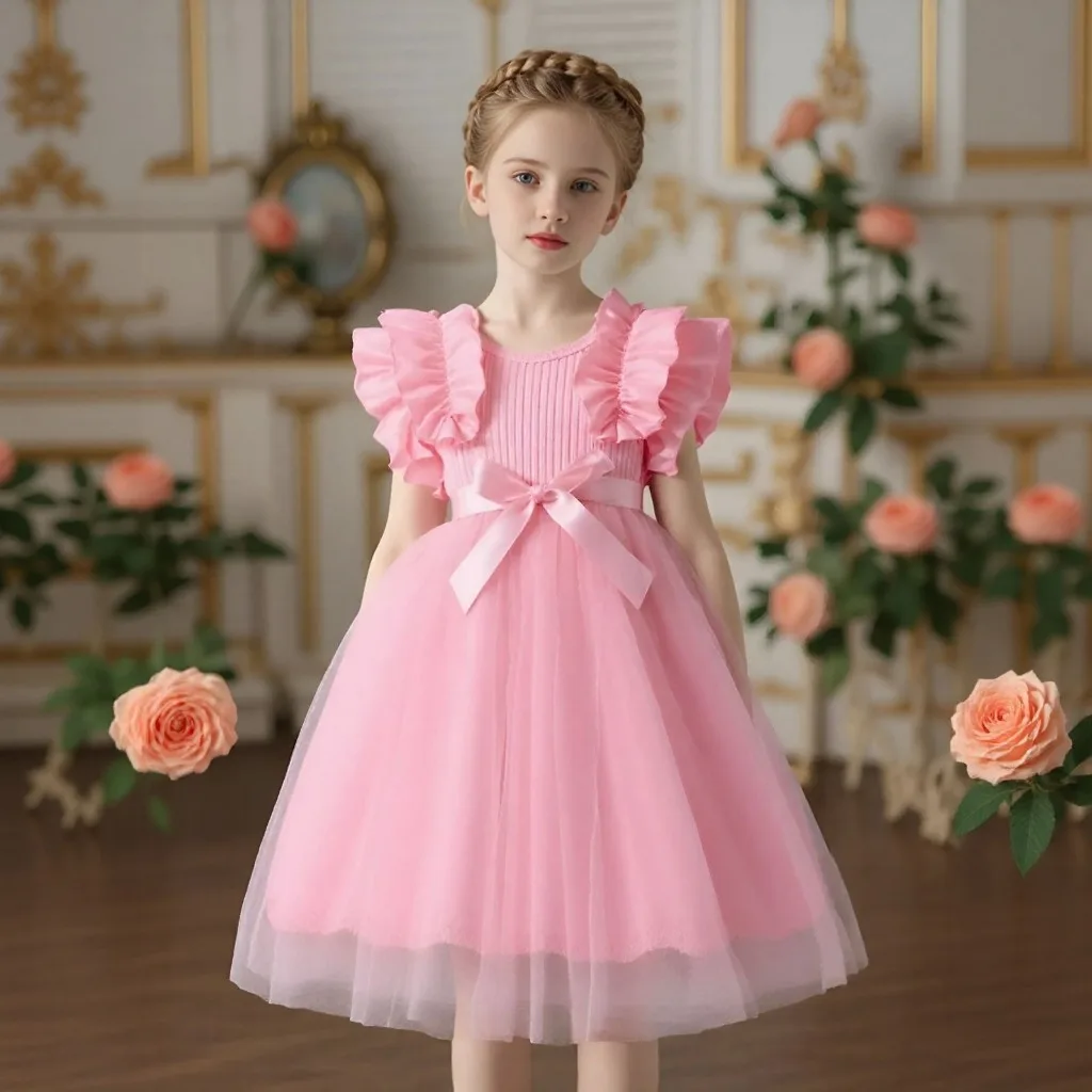 Vestido de malla para niñas, vestido de verano de manga corta con cinturón, vestidos de princesa bonitos a la moda para niños pequeños, vestido de fiesta de cumpleaños para niños de 3 4 5 6 7 años