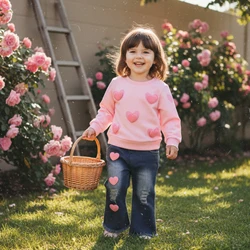 SUNSIOM Conjunto de primavera de 2 piezas para niñas pequeñas con sudadera de manga larga y pantalones vaqueros rasgados para el día de San Valentín