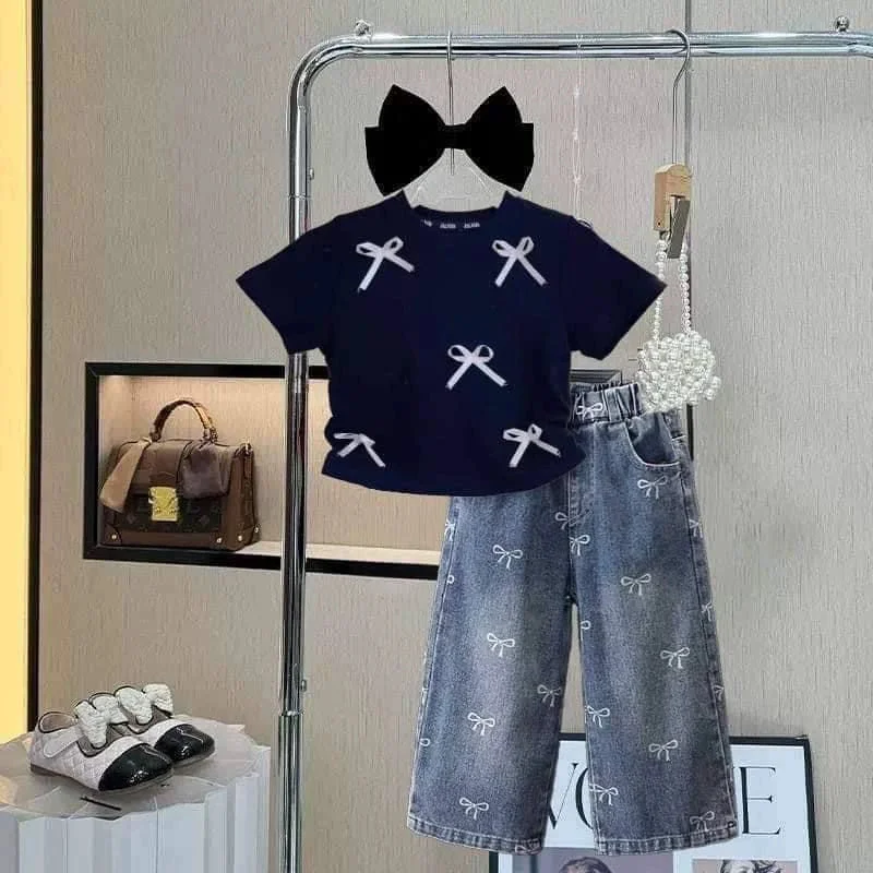 Conjunto de verano para niña con lazo y vaqueros - imagen 3