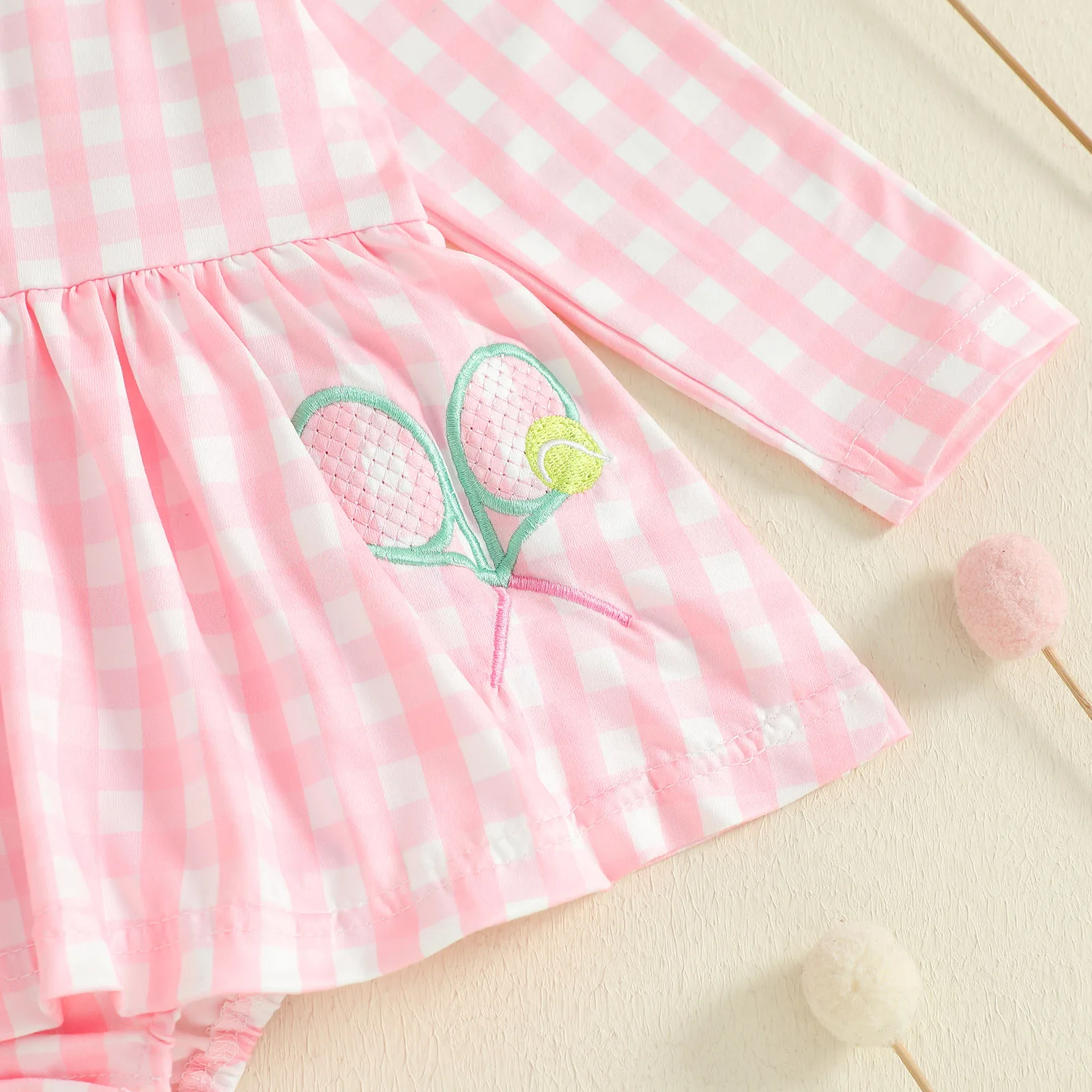 Pelele para niña recién nacida de 0 a 18 meses, vestido a cuadros de manga larga con bordado de tenis, vestidos de línea A, mono - imagen 5