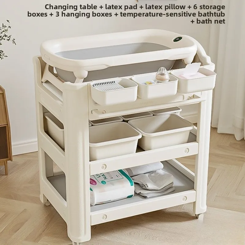 Cambiador de pañales para bebés y estación de baño, gabinete de almacenamiento y cuidado infantil móvil, organización de dos capas con parte superior de cojín suave - imagen 4