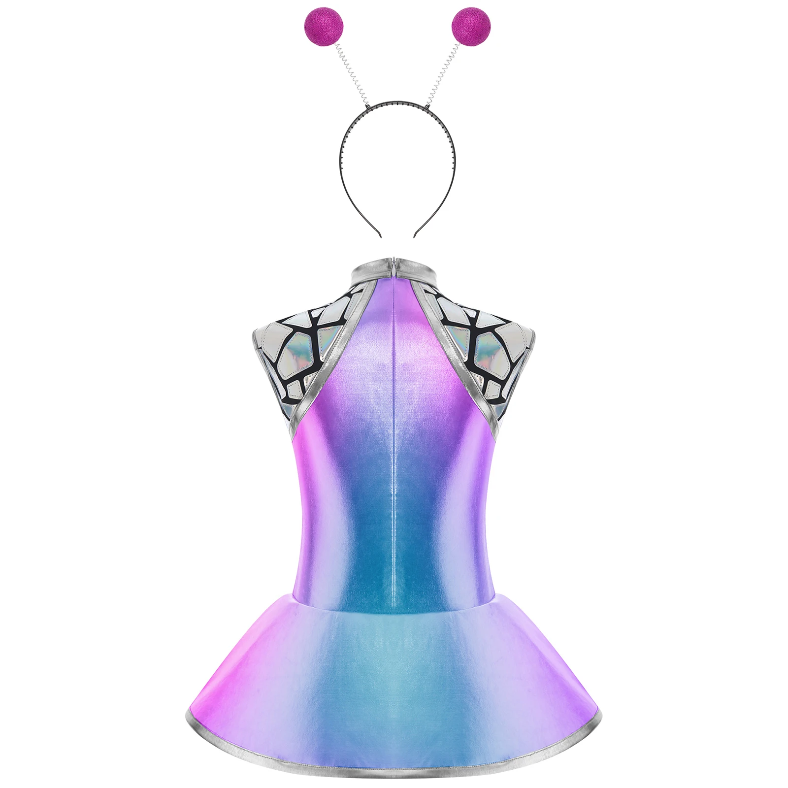 Disfraz de alien para niñas – Vestido metálico brillante con aro