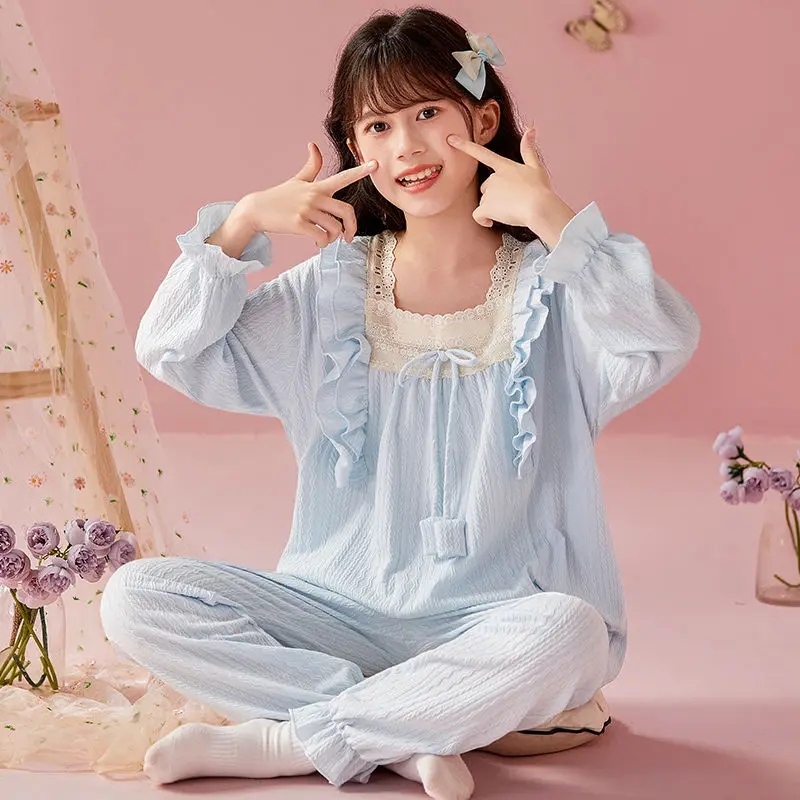 Pijama de lino y algodón transpirable para niña, traje de dos piezas, pantalones de manga larga, camisón de cuello redondo para niño, primavera y otoño - imagen 2