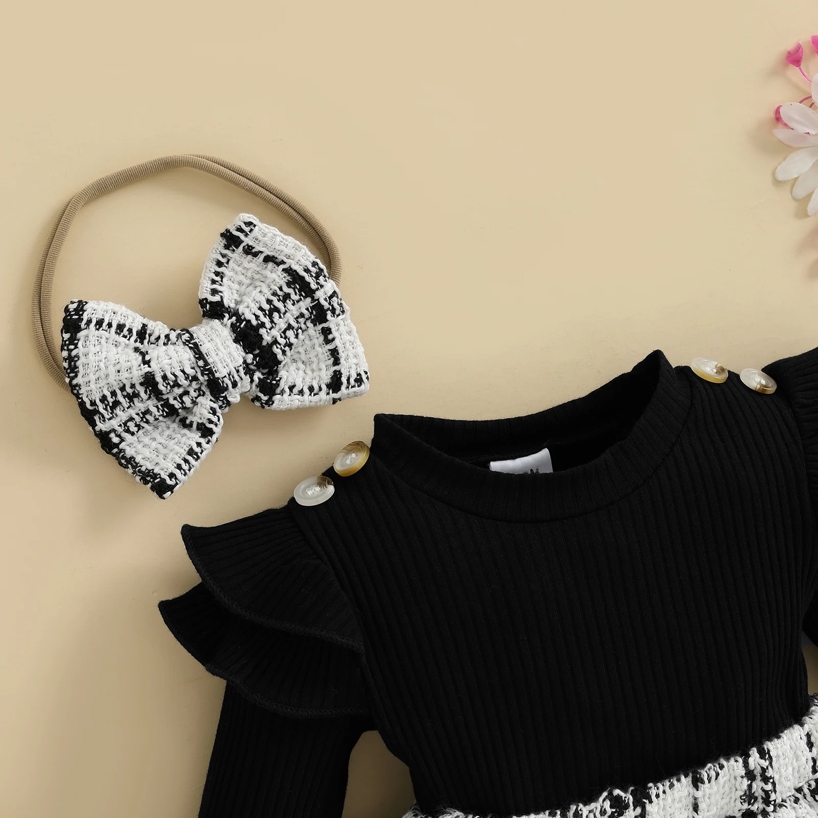 Conjuntos de otoño para niña de 0 a 18 meses, falda con estampado de cuadros de manga larga, mono con diadema, conjunto de calcetines, ropa infantil - imagen 3