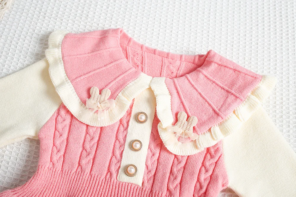 2025 otoño nuevo vestido para niñas vestido con cuello Peter Pan para niñas vestido de punto de línea Linda prendas de punto para niñas - imagen 4