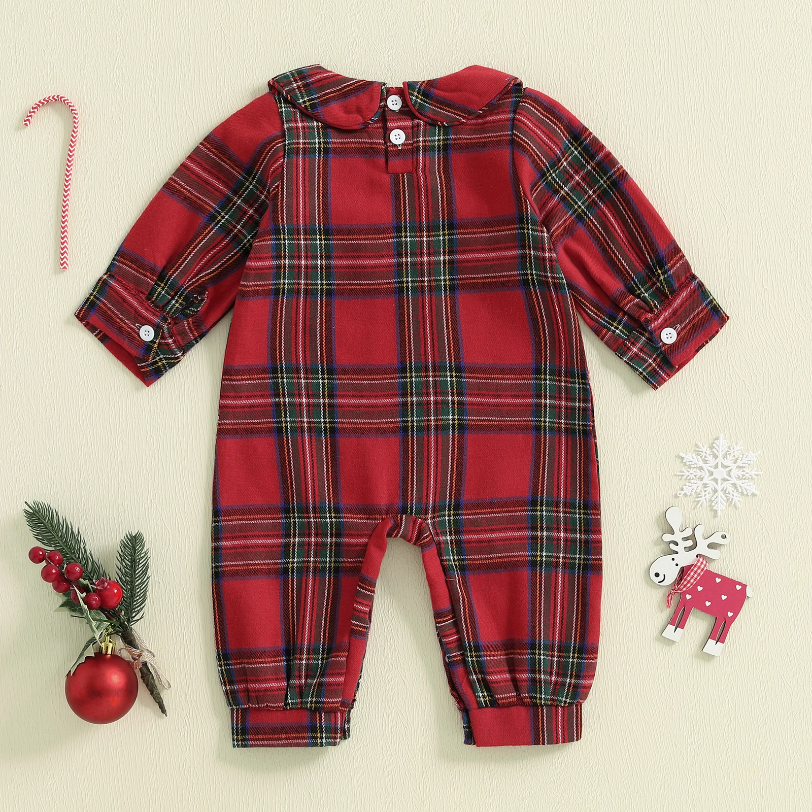 Pelele de Navidad a cuadros para bebé de 0 a 18 meses, mono de manga larga con cuello de muñeca bordado de árbol, ropa bonita para invierno y otoño - imagen 2