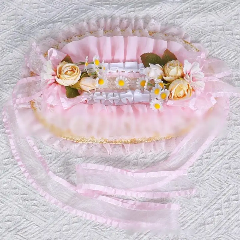 Sombrero de paja para niña con encaje floral – Primavera y verano - imagen 4