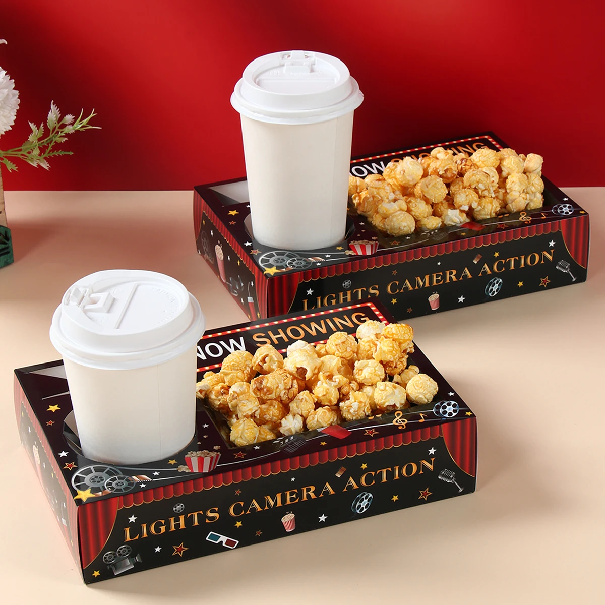 Bandeja de papel para bebidas y aperitivos nocturnos de película, bandeja de aperitivos para cine, suministros para fiestas temáticas nocturnas, decoración de bandeja para fiesta de cumpleaños, 6 uds.