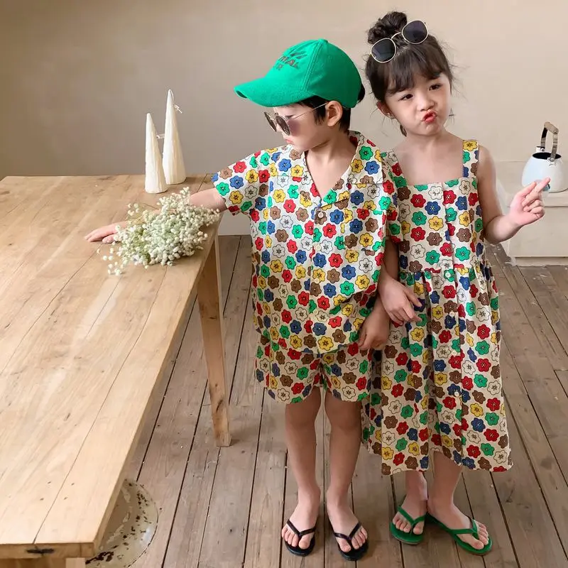 Conjunto de verano de 2 piezas para niños y niñas, vestido con tirantes y estampado de flores, para hermanos y hermanas