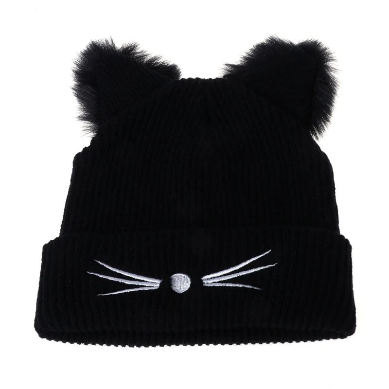 Precioso gorro tejido con orejas de gato y adorno de piel para mujer, gorros cálidos de invierno de Color sólido, gorros de invierno Kawaii para mujer, gorros informales de lana