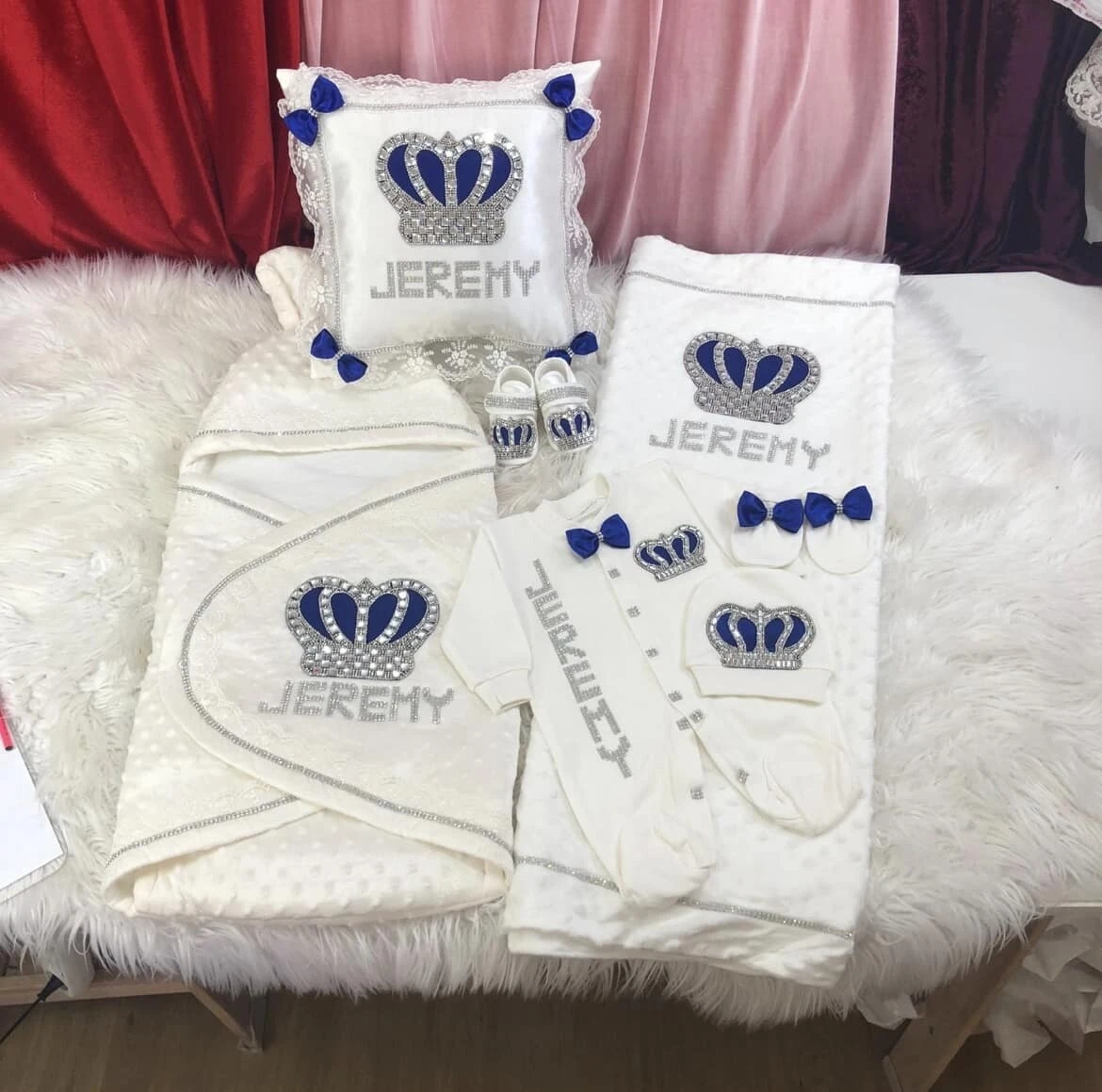 Peleles con nombre de bebé bordado personalizado, ropa, joyería de corona, manta envolvente de lujo, decoración, conjunto de regalo de Navidad para 1er bautismo