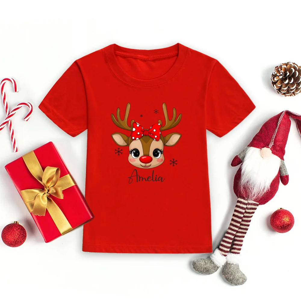 Camisa navideña de reno personalizada, camisas de manga corta navideñas personalizadas para niños, camiseta bonita de Navidad con ciervo para niño y niña con nombre - imagen 4