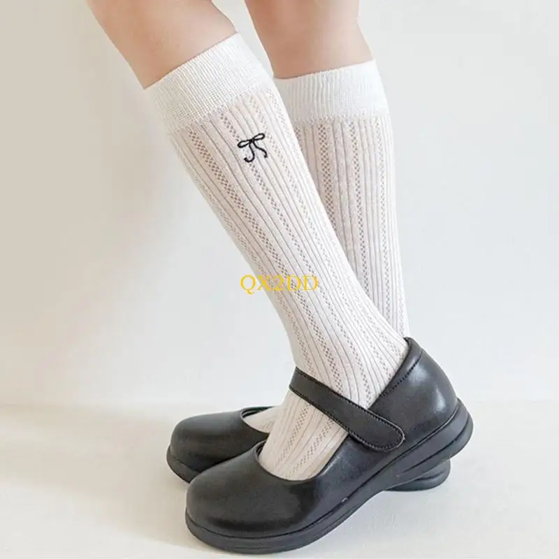 QX2D Niñas transpirables Calcetines verano Diseño malla tubo tubo largo algodón cómodo para aire libre 2-12 años - imagen 2