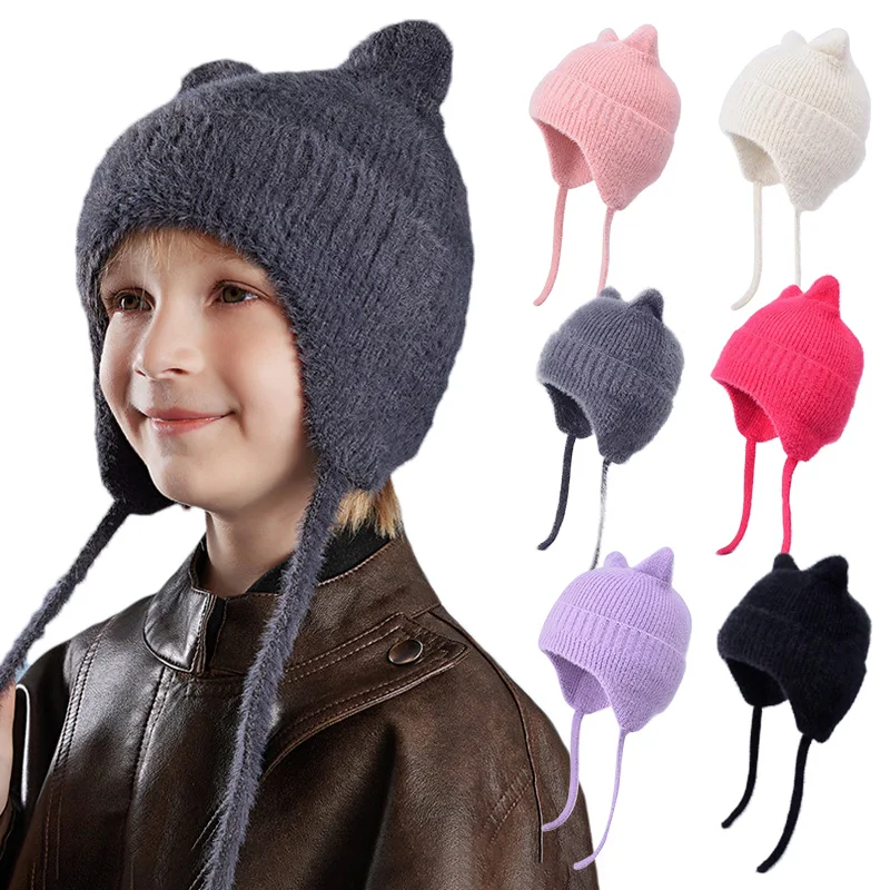Cute Cat Ear Kids Hat with Earmuffs Windproof Rope Winter Knitted Ear Protection Hats for Girls Boys Outdoor Warm Accessories