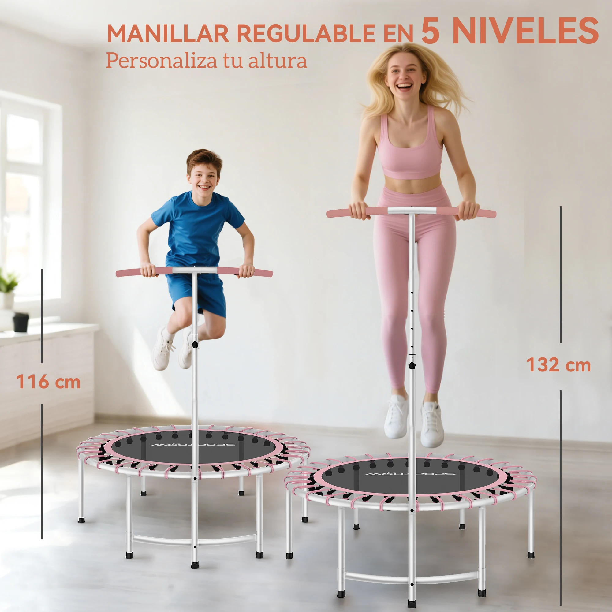 SPORTNOW Trampolín de Fitness Adultos Ø102 cm, Mini Cama Elástica Fitness con Mango Ajustable de 5 Niveles, Marco de Acero, para Entrenamiento Piernas, Cuerpo en Hogar, Oficina, Gimnasio, Rosa - imagen 4