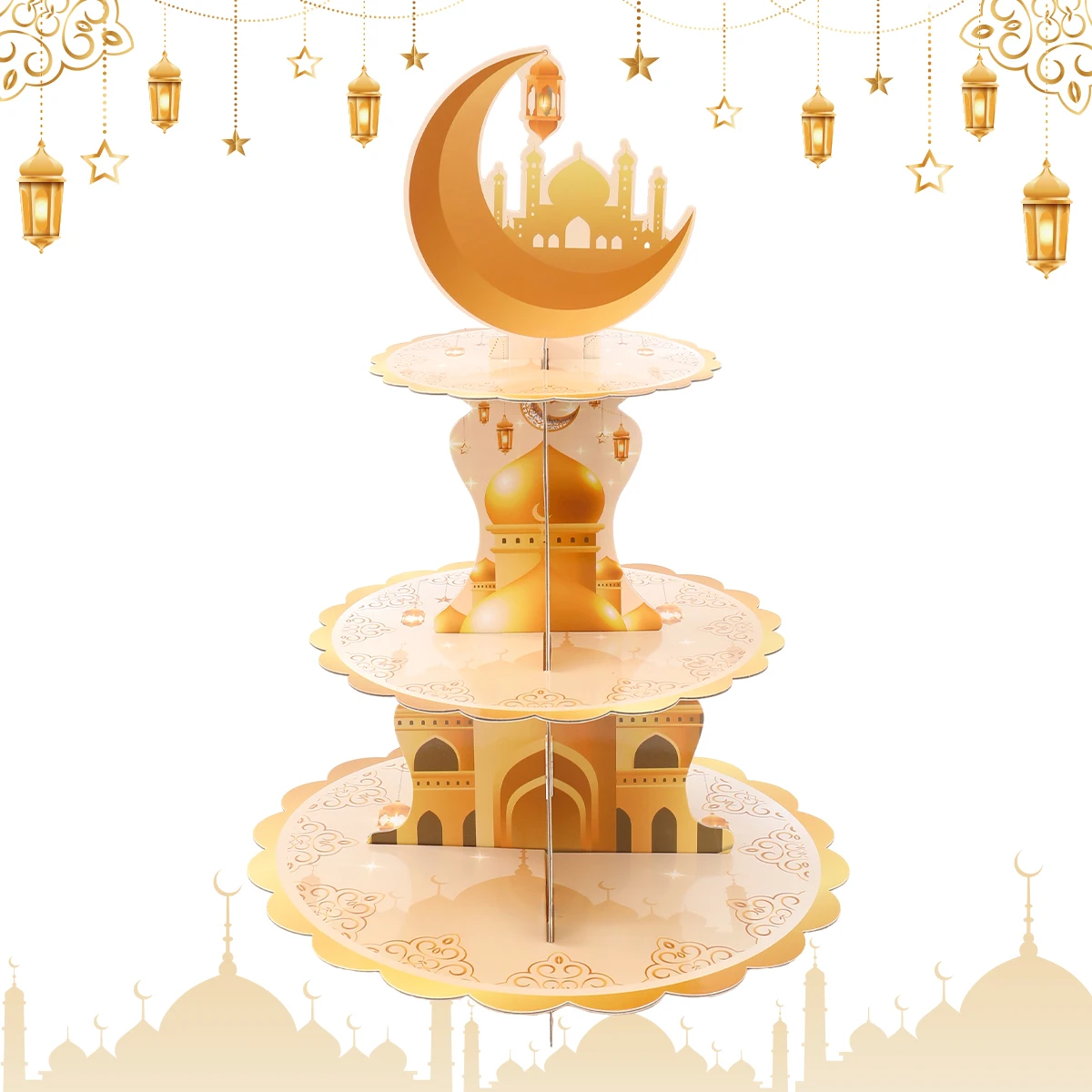 Soporte de cartón para pastel de Eid Mubarak de 3 niveles, torre de exhibición plegable para magdalenas, dulces y postres, decoración para fiesta temática de Eid Al-Fitr de oro blanco