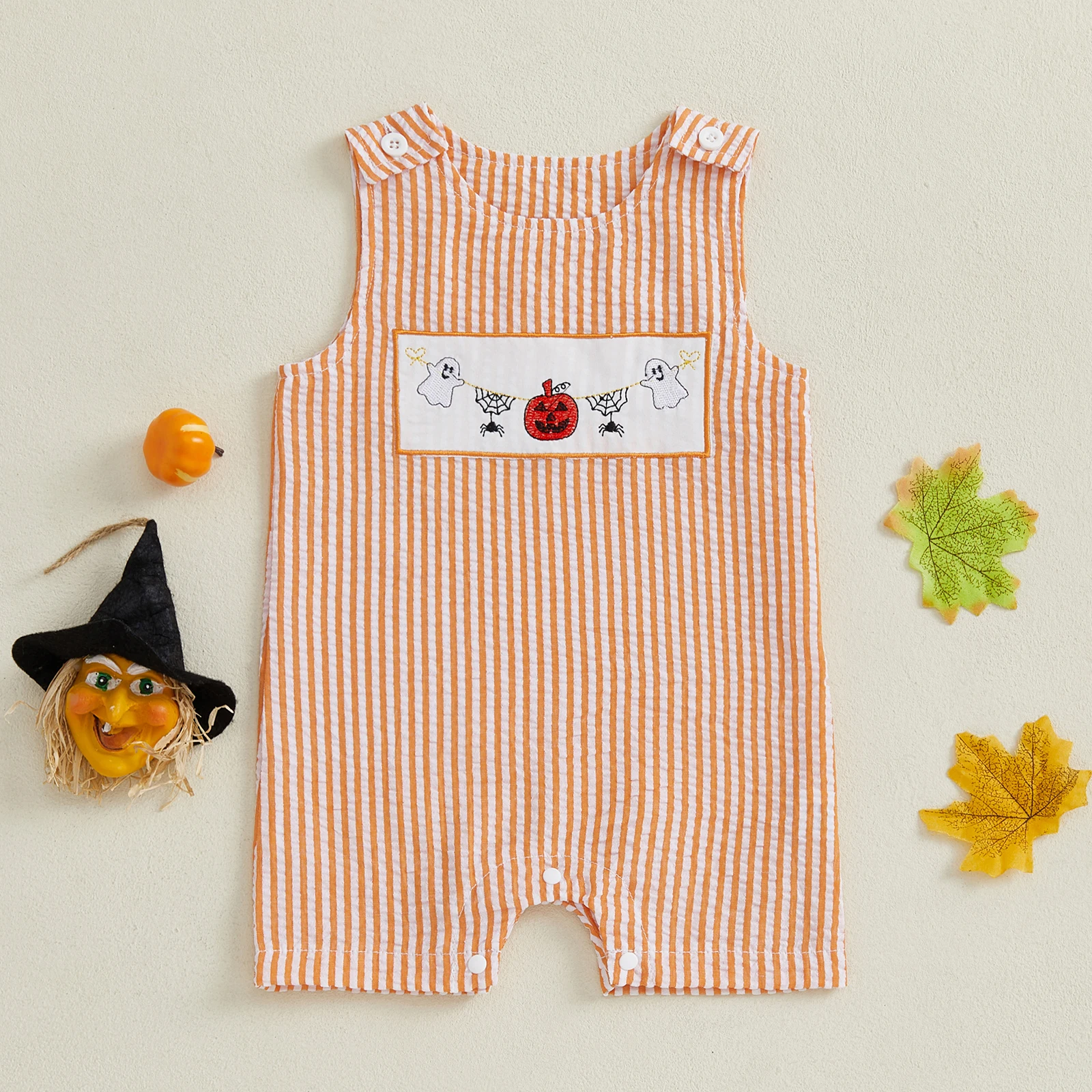 VISgogo-mono bordado de calabaza Bosy para niña, sin mangas, cuello redondo, peleles a cuadros dulces, ropa de Halloween - imagen 2