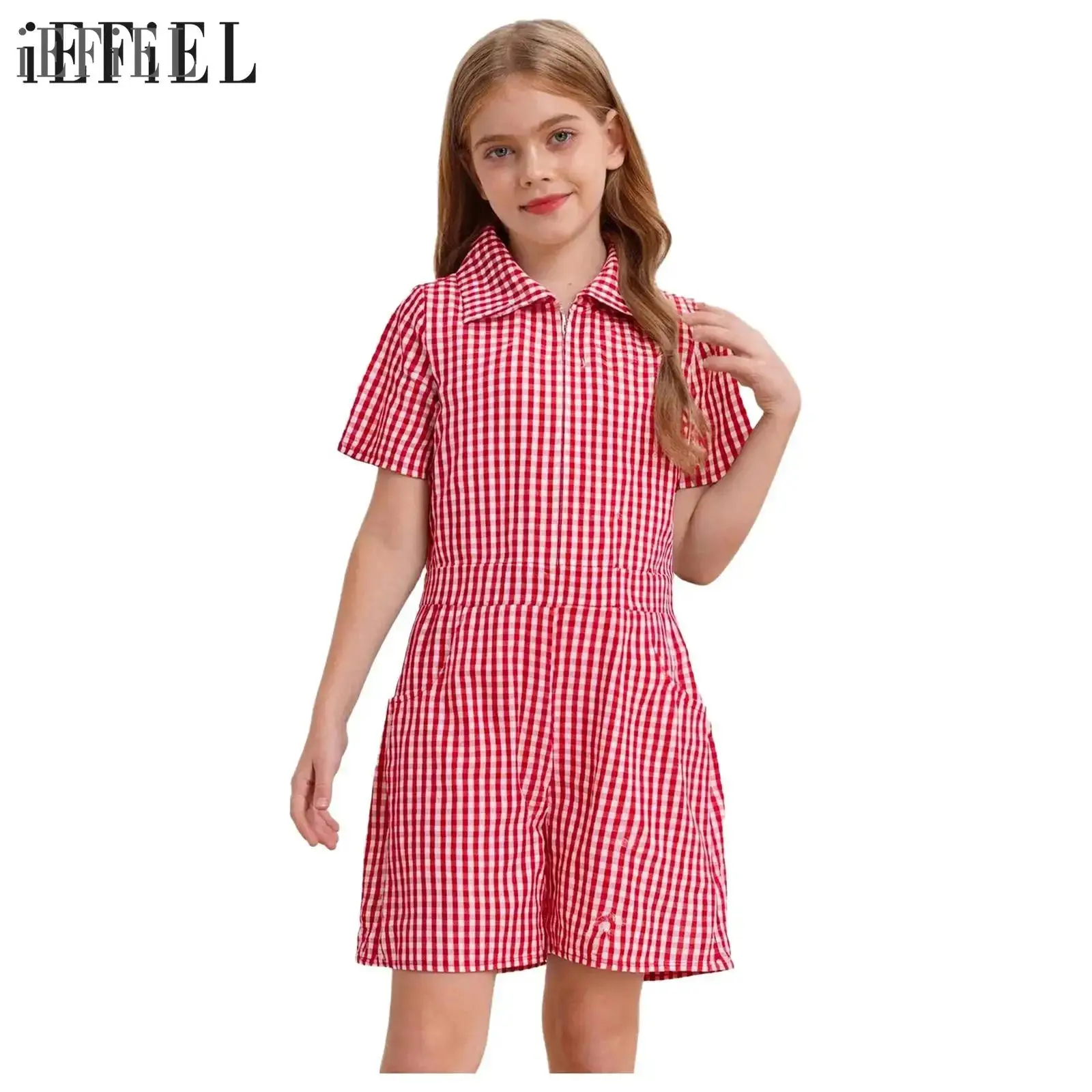 Uniforme escolar para niñas, mono informal a cuadros con cuello vuelto, mono de manga corta con cremallera frontal y bolsillos para uso diario