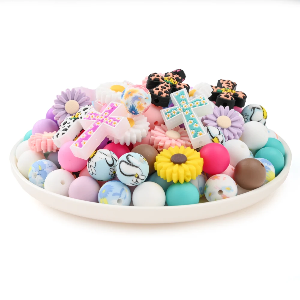 47 Uds. Cuentas focales de silicona con forma de Margarita cruzada, juegos redondos de cuentas de silicona para DIY, cadena de chupete para bebé, accesorios para pulsera mordedor - imagen 4