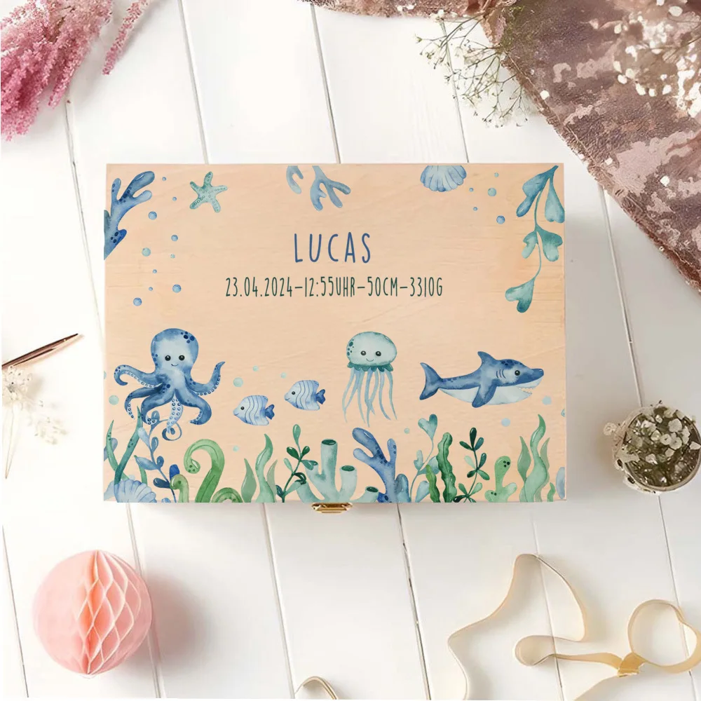 Caja de recuerdos personalizada, cajas de memoria con nombre personalizado, estampado de animales de arcoíris, caja de recuerdos de madera para niños, regalo de ducha de cumpleaños personalizado para niños - imagen 4
