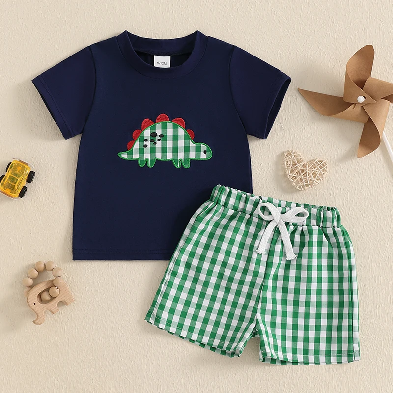 Conjunto de pantalones cortos para niños de 0 a 4 años, camiseta de dinosaurio bordada de manga corta con pantalones cortos a cuadros, conjunto para niños pequeños, traje de verano