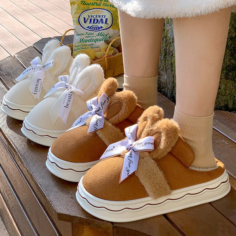 Zapatillas de invierno de algodón de gamuza sintética para mujer, zapatillas de algodón con lazo de conejo para el hogar, para el calor, nuevo estilo princesa de suela gruesa - imagen 4