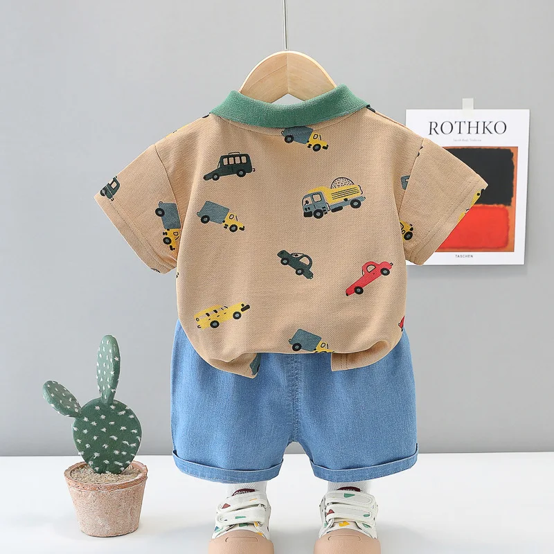 Ropa de Boutique de verano para niños, 2 piezas, moda coreana para niños pequeños, camisetas de manga corta con dibujos animados para bebés + Pantalones cortos de mezclilla, ropa para niños B147 - imagen 4