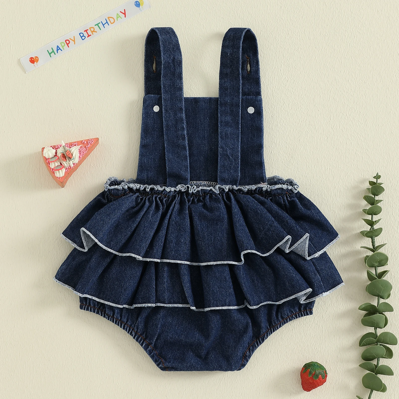 Mono de cumpleaños de mezclilla para niña de 0 a 18 meses, peleles escalonados con bordado de fresa sin mangas - imagen 2