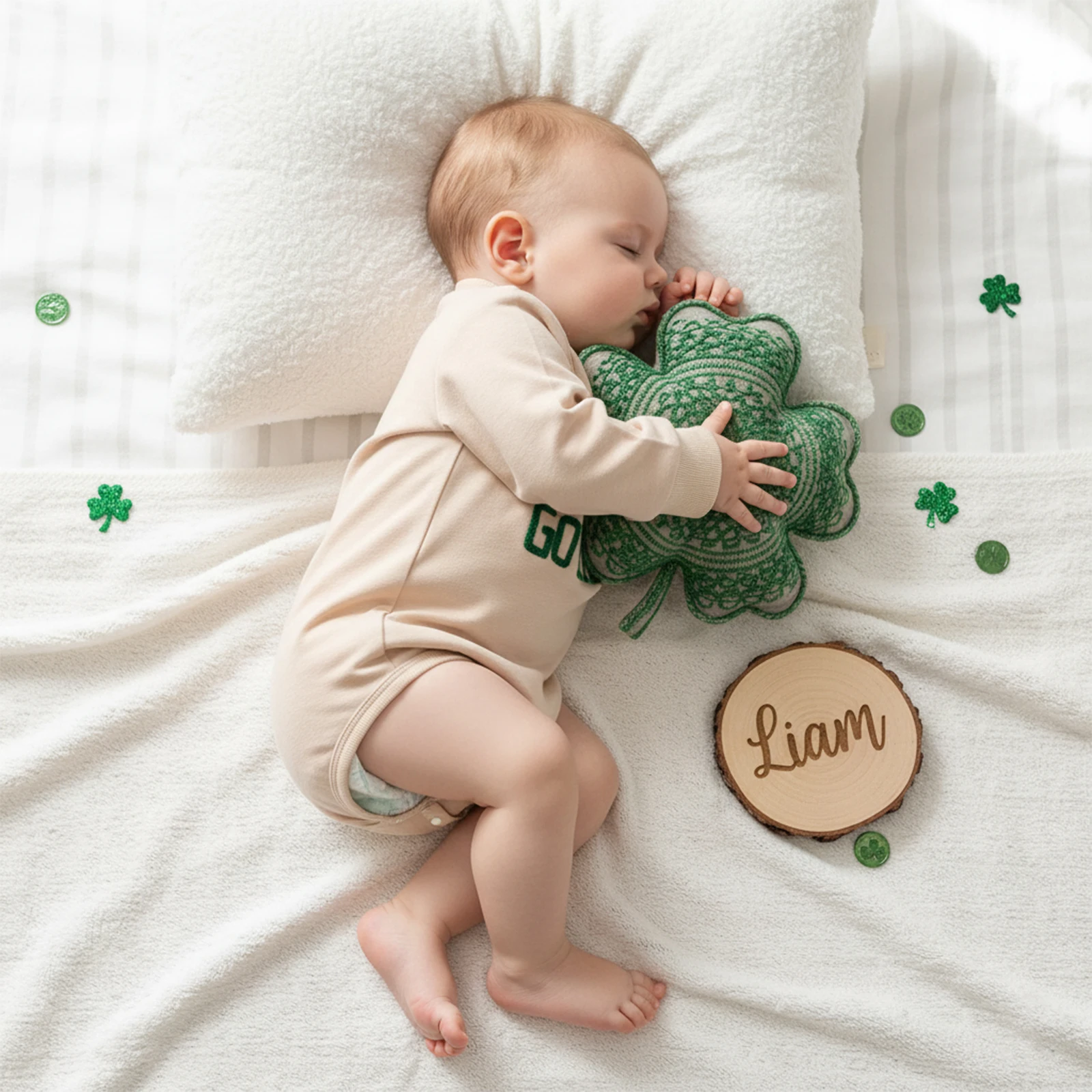 Mameluco de primavera para bebé, mono de burbuja con cuello redondo y manga larga con bordado de letras de trébol