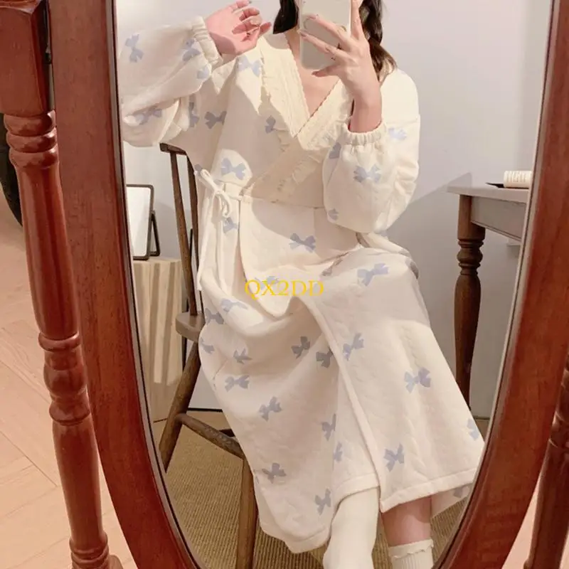 QX2D Conjunto pijamas maternidad invierno, ropa dormir capas térmicas algodón suave para embarazo, vestido - imagen 2