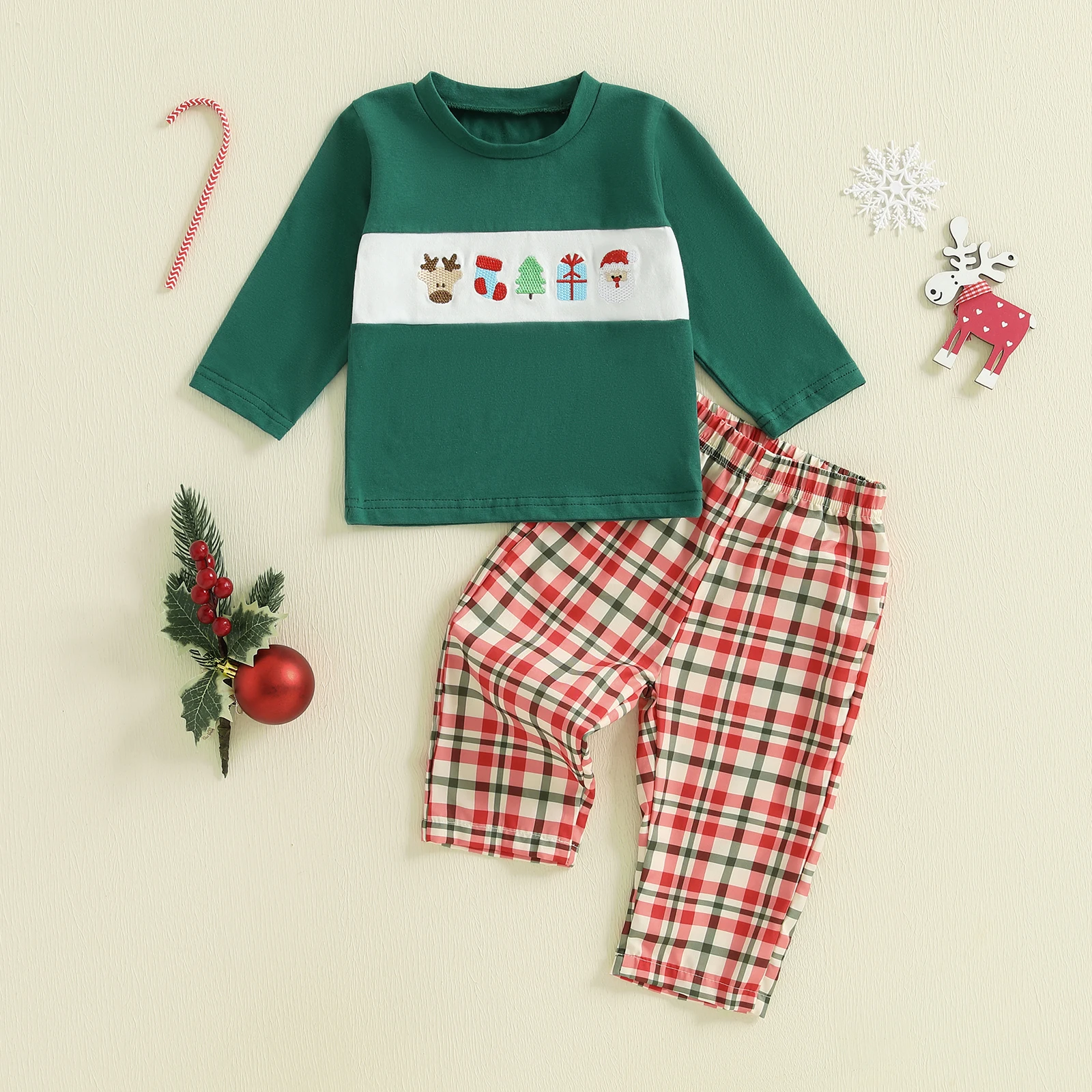 VISgogo Conjunto de 2 piezas de traje navideño para bebé de 1 a 4 años, jersey de manga larga con cuello redondo bordado y pantalones a cuadros