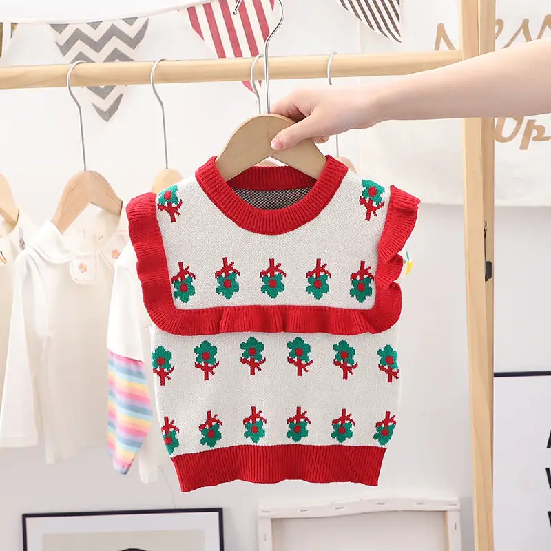 Chaleco tejido con cuello redondo para niñas, jersey de flores tridimensionales para primavera y otoño, chaleco para niños, chaleco bonito y dulce para bebé - imagen 2