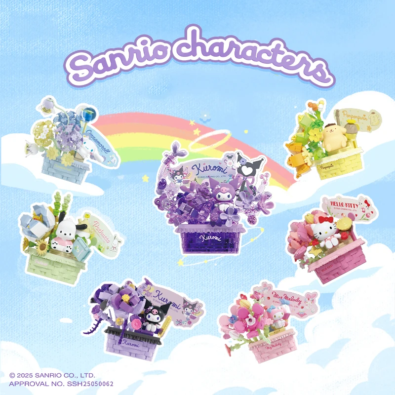 Sanrio cesta de flores en maceta, bloques de construcción Hello Kitty Kuromi, bonsái, bloques en miniatura, adornos de escritorio, caja ciega sorpresa, regalos
