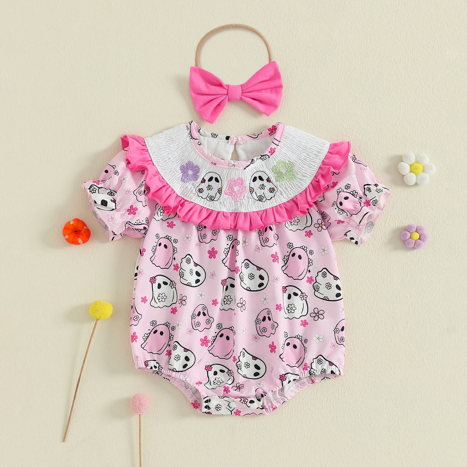 VISgogo-body para niña recién nacida, pelele con estampado de fantasma y cuello redondo de manga corta con diadema con lazo, ropa de Halloween
