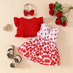 BC883 Conjunto 3 piezas verano bebé niña - Tops rojos, vestido lazo