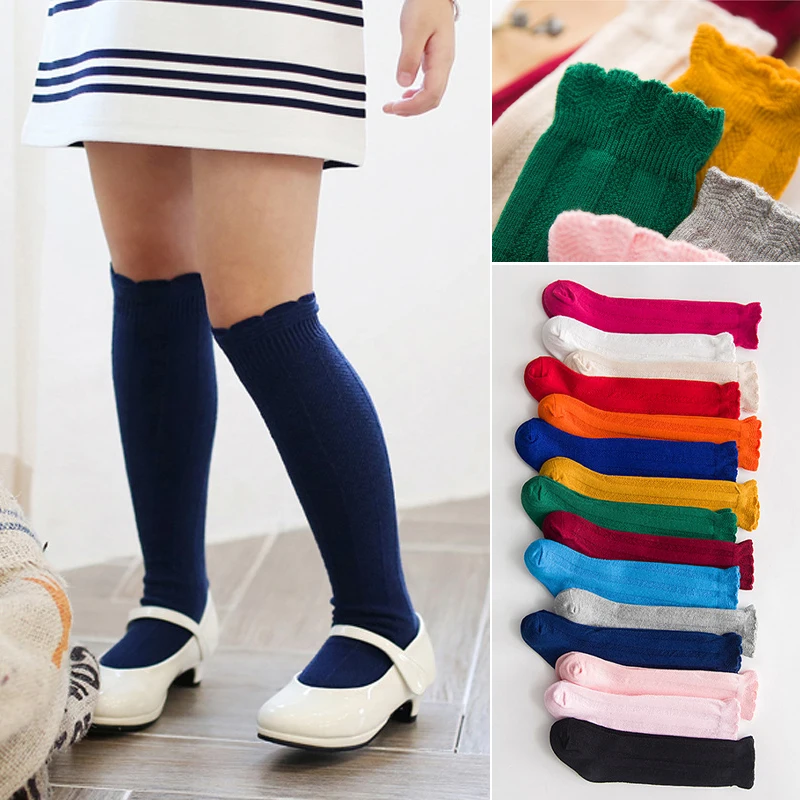 Primavera otoño niñas algodón hasta la rodilla calcetines largos para niños pequeños Kawaii Color caramelo volantes encaje medias con volantes