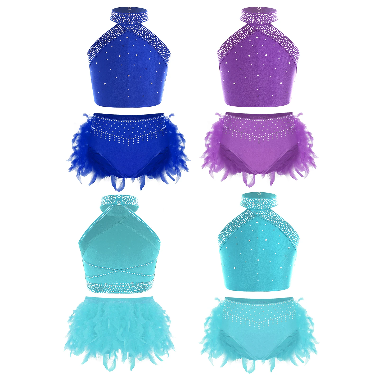 Conjuntos de baile lírico de Ballet para niñas, traje de patinaje sobre hielo puesta en escena, Top corto sin mangas con espalda descubierta y diamantes de imitación con bragas - imagen 2