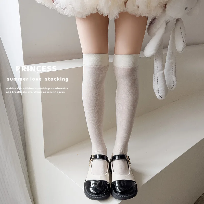 Calcetín fino y elegante hasta la rodilla para niños, mallas con bordado Floral de Color sólido, calcetín escolar suave y transpirable, verano - imagen 3