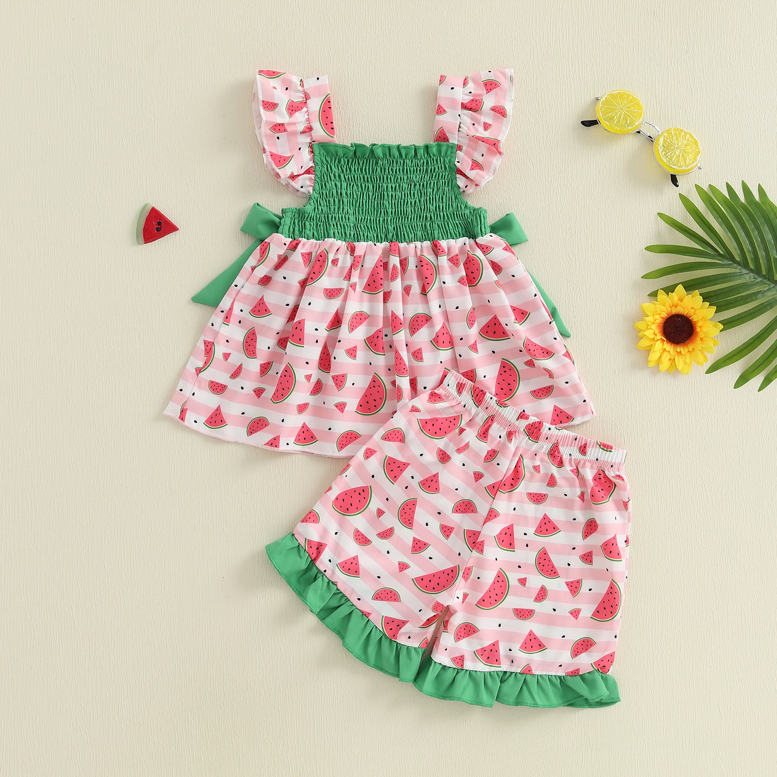 Conjuntos de verano para niñas con estampado de sandía/cereza, camisetas con mangas voladoras y pantalones cortos elásticos, ropa bonita de moda - imagen 3